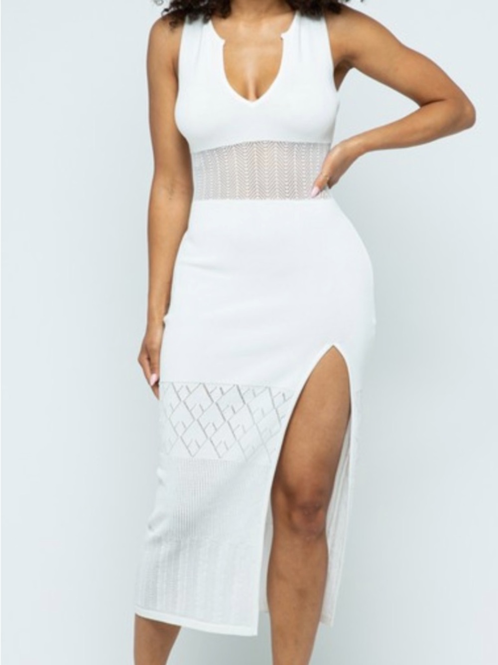 Hera Collection White Midi Dress with Sheer Waist and Thigh Slit